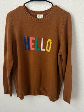 St John’s Bay Brown 'HELLO' Crewneck knitted Sweater, Size Large